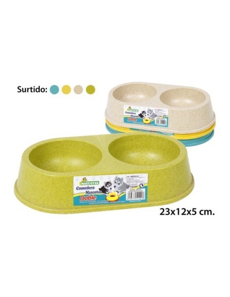 Comedero para mascotas doble bambu colores surtidos, mct mascotas, 23x12x5cm.