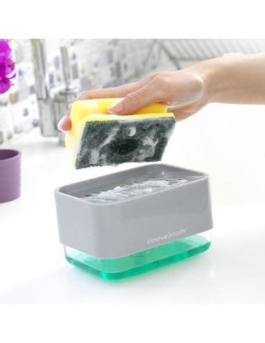 INNOVAGOODS Dispensador De Jabón 2 En 1 Para Fregadero Pushoap Kitchen Clean 330 Ml Gris Y Verde - Kiwiku