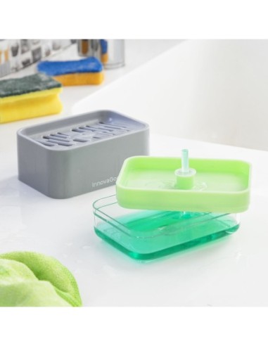 innovagoods_dispensador_de_jabón_2_en_1_para_fregadero_pushoap_kitchen_clean_330_ml_gris_y_verde_8435527818517_barato