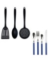 Renberg Cubertería 24 Piezas de Acero Inoxidable Happie Blue Con Set de 3 Utensilios de Cocina en Nylon