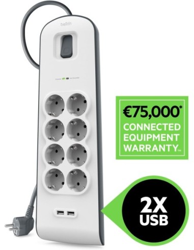 Regleta BELKIN BSV804VF2M - 8 Tomas, 2 Puertos USB, Protección 900 Julios, Cable 2 Metros