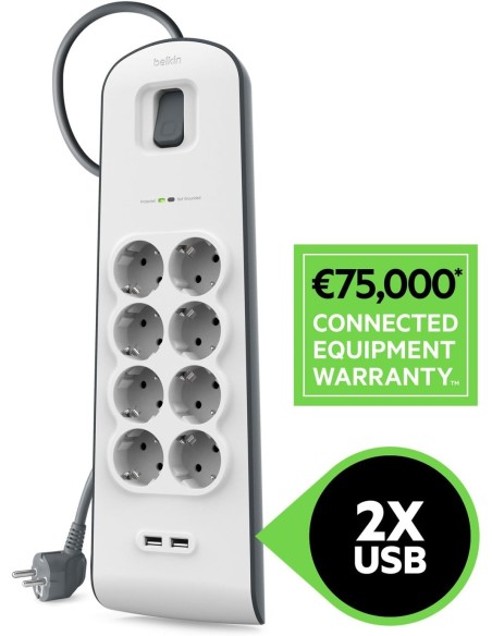 Regleta BELKIN BSV804VF2M - 8 Tomas, 2 Puertos USB, Protección 900 Julios, Cable 2 Metros