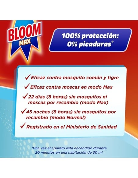 BLOOM Max Moscas amp Mosquitos Recambio Eléctrico 45 Noches 18 ml - Protección Eficaz