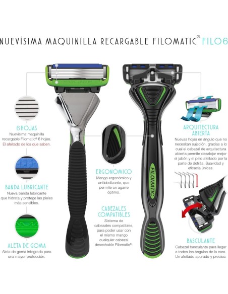 FILOMATIC Filo6 Blister 1 Ud + 12 Cabezales De Recambio - Afeitado Preciso Y Suave