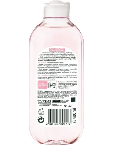 GARNIER Agua Micelar Con Agua De Rosas 400 Ml - Limpieza Facial Suave Y Luminosidad