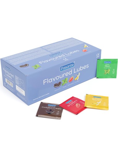 pasante_lubricantes_con_sabores_caja_144_unidades_monodosis_5_ml_menta_plátano_fresa_cookie_&_cream_5060493186679_promocion