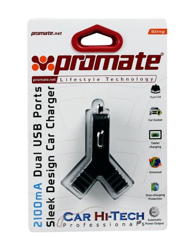 Cargador promate coche con 2 puertos usb 2.1 amp. (negro) SLING.BLACK kiwiku.com
