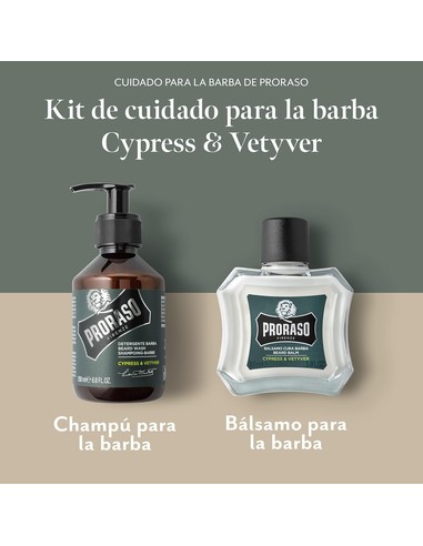 Set De Cuidado Para Barba PRORASO Cypress And Vetiver - Champú Y Bálsamo 300 Ml