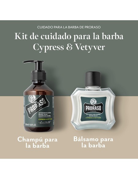 Set De Cuidado Para Barba PRORASO Cypress And Vetiver - Champú Y Bálsamo 300 Ml