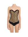 Intimax Corset Atenea Dorado Con Tanga - Lencería Erótica Femenina en Estampado Dorado, Cierre Con Ballenas y Lazos