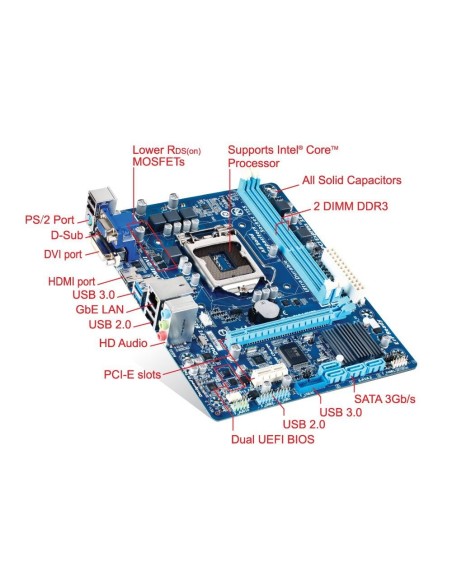 Placa base gigabyte ga-h61ma-d2v, intel/i7, i5, i3, lga 1155, ddr3 hasta 16gb, dvi, usb 3.0, micro a H61M-USB3H kiwiku.com