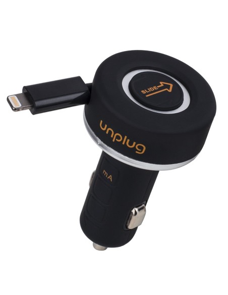 cargador coche 2a con cable lightning retráctil y puerto usb unplug UPCC004 kiwiku.com