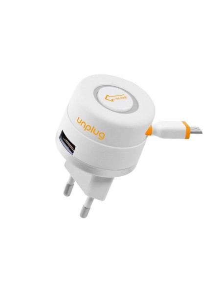 transformador 1a con cable lightning retractil y puerto usb unplug UPTC005 kiwiku.com