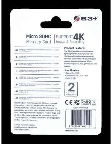 S3+ S3SDC10U1/32GB - Tarjeta Microsdhc 32gb s3 c-10 con adaptador sd S3SDC10U1/32GB kiwiku.com