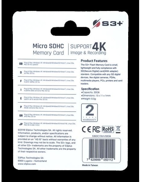 S3+ S3SDC10U1/32GB - Tarjeta Microsdhc 32gb s3 c-10 con adaptador sd S3SDC10U1/32GB kiwiku.com