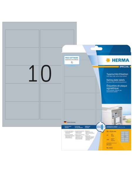 Oferta Etiquetas placa de características, plateadas 96x50,8 mm 25 hojas A4 250uds 4223 Herma