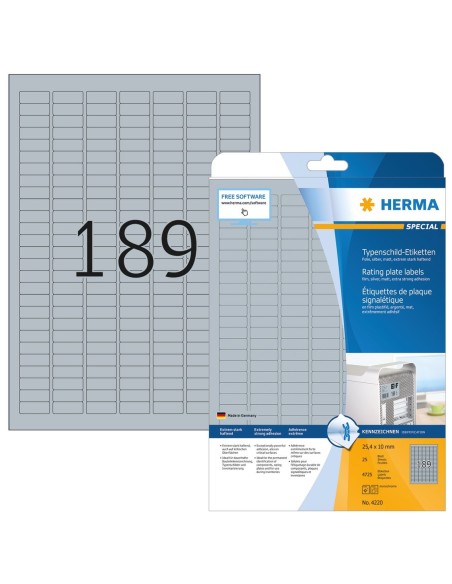 Oferta Etiquetas placa de características, plateadas 25x10 mm 25 hojas A4 4725 uds 4220 Herma