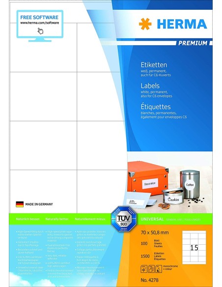 Oferta Etiquetas PREMIUM A4 70X50,8 mm 100 hojas 1500 uds 4278 Herma