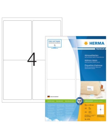 Comprar Etiquetas de dirección PREMIUM - A4 - 99,1x139 mm - Color blanco - Adherencia permanente - Herma - 4 4250 kiwiku.com