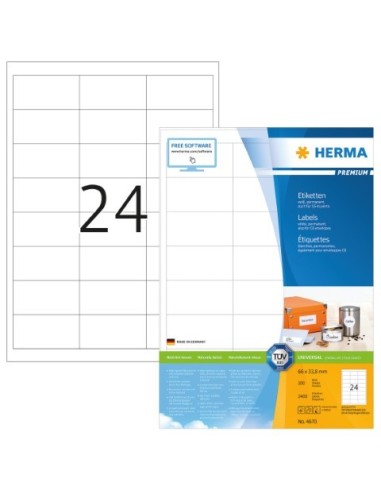 Comprar Etiquetas PREMIUM - A4 - 66x33,8 mm - Color blanco - Adherencia permanente - Herma  - 4670 4670 kiwiku.com
