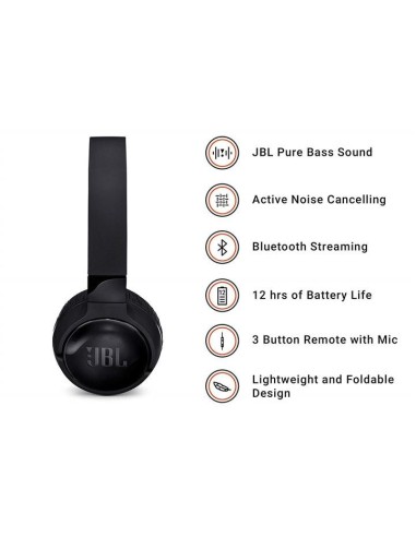 JBL Tune 600BT - Auriculares supraaurales inalámbricos cancelación de ruido activa Negro