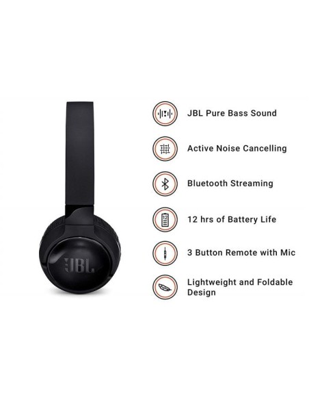JBL Tune 600BT - Auriculares supraaurales inalámbricos cancelación de ruido activa Negro