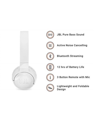 JBL Tune 600BT - Auriculares supraaurales inalámbricos cancelación de ruido activa Blanco
