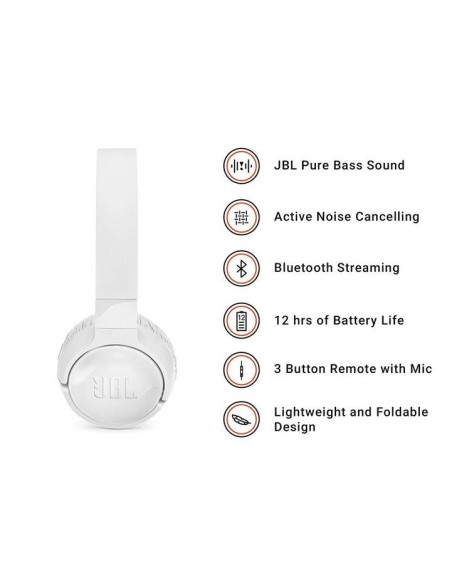 JBL Tune 600BT - Auriculares supraaurales inalámbricos cancelación de ruido activa Blanco