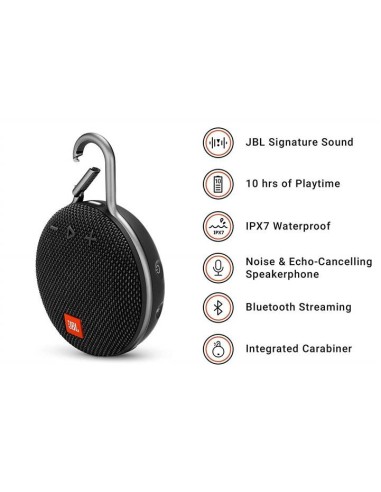 JBL Clip 3 Altavoz inalámbrico portátil con Bluetooth – Parlante resistente al agua (IPX7)  Negro