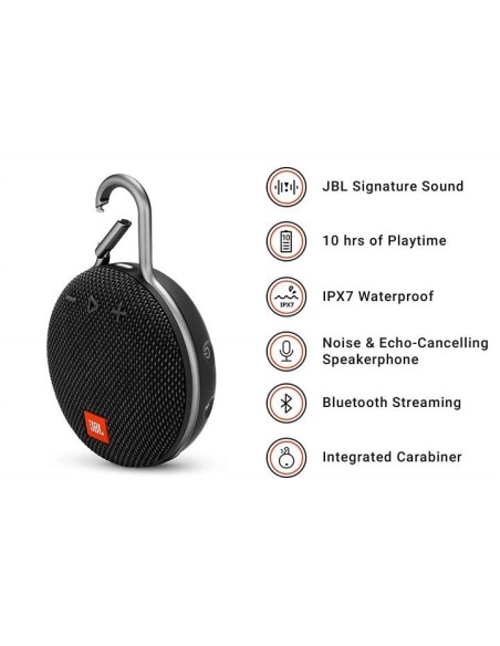 JBL Clip 3 Altavoz inalámbrico portátil con Bluetooth – Parlante resistente al agua (IPX7)  Negro