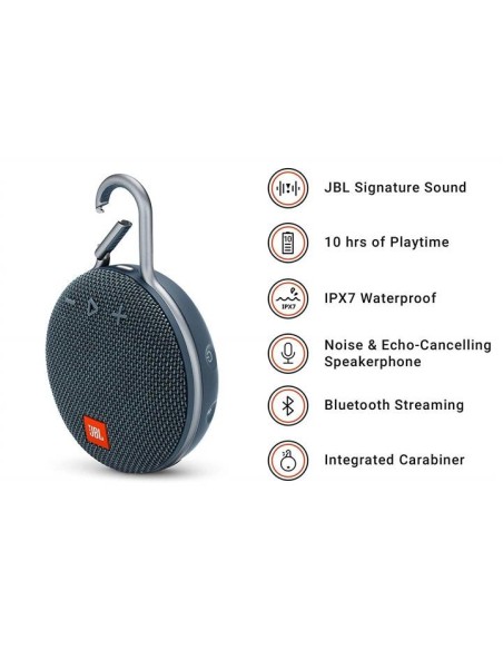 JBL Clip 3 Altavoz inalámbrico portátil con Bluetooth – Parlante resistente al agua (IPX7)  Azul