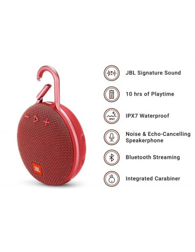 JBL Clip 3 Altavoz inalámbrico portátil con Bluetooth – Parlante resistente al agua (IPX7)  Rojo