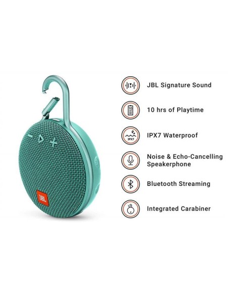 JBL Clip 3 Altavoz inalámbrico portátil con Bluetooth – Parlante resistente al agua (IPX7)  Turquesa