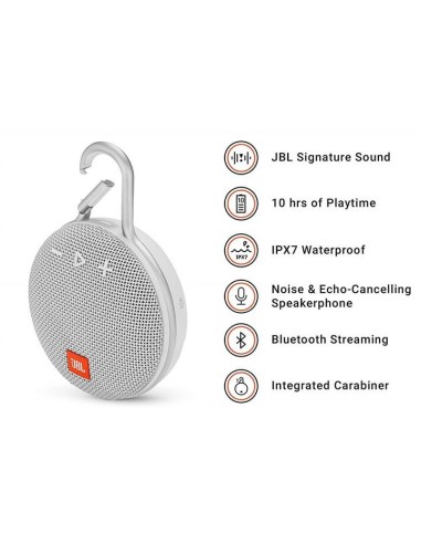 JBL Clip 3 Altavoz inalámbrico portátil con Bluetooth – Parlante resistente al agua (IPX7)  Blanco