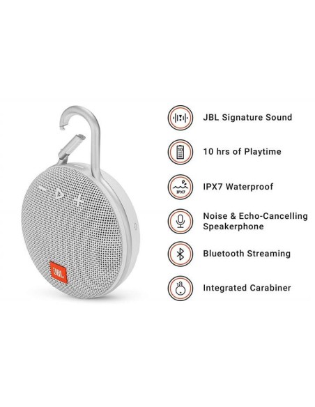 JBL Clip 3 Altavoz inalámbrico portátil con Bluetooth – Parlante resistente al agua (IPX7)  Blanco