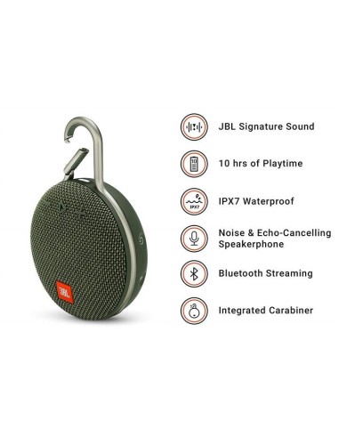 JBL Clip 3 Altavoz inalámbrico portátil con Bluetooth – Parlante resistente al agua (IPX7)  Verde