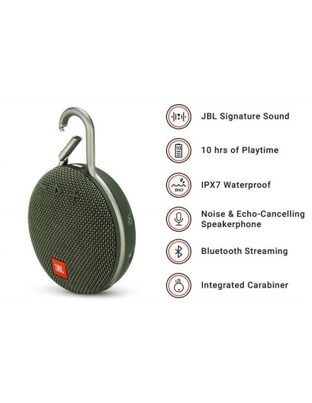 JBL Clip 3 Altavoz inalámbrico portátil con Bluetooth – Parlante resistente al agua (IPX7)  Verde