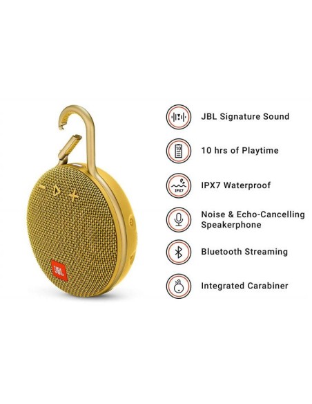 JBL Clip 3 Altavoz inalámbrico portátil con Bluetooth – Parlante resistente al agua (IPX7)  Amarillo