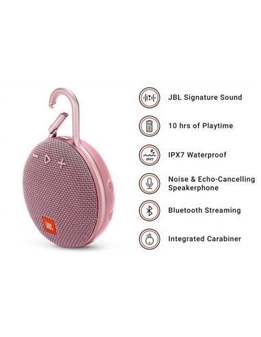 JBL Clip 3 Altavoz inalámbrico portátil con Bluetooth – Parlante resistente al agua (IPX7)  Rosa