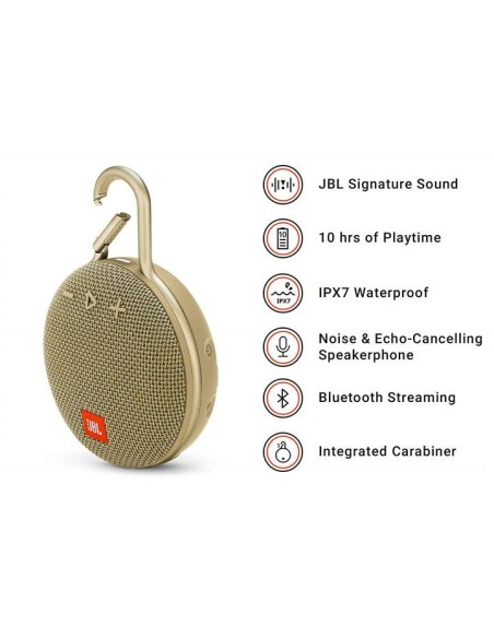 JBL Clip 3 Altavoz inalámbrico portátil con Bluetooth – Parlante resistente al agua (IPX7)  Arena