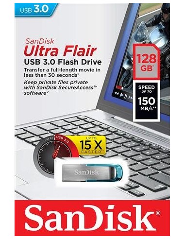 SanDisk Cruzer Ultra Flair 128GB USB 3.0 azul  SDCZ73-128G-G46B SDCZ73-128G-G46B kiwiku.com