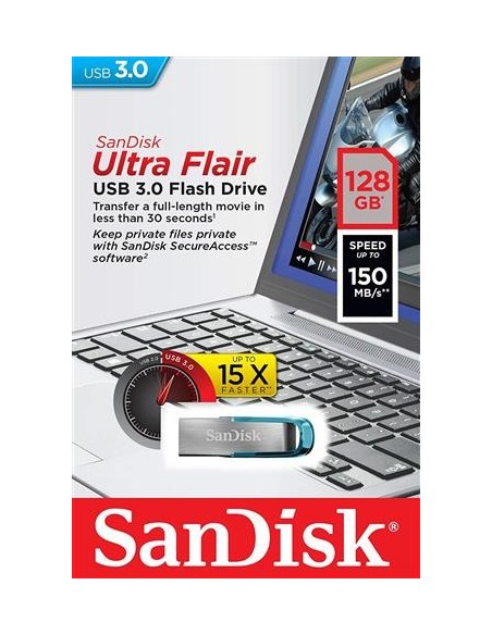 SanDisk Cruzer Ultra Flair 128GB USB 3.0 azul  SDCZ73-128G-G46B SDCZ73-128G-G46B kiwiku.com