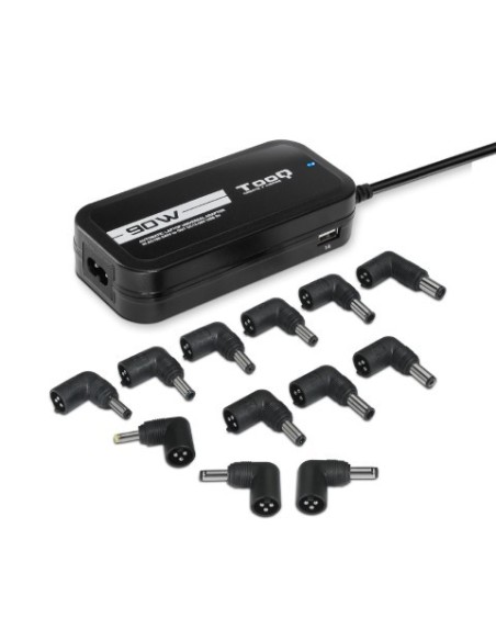 Cargador automático Universal multi tensión para portátil 90W con 2xUSB y 12 conectores - Tooq - TQLC-90BS02AT kiwiku.com