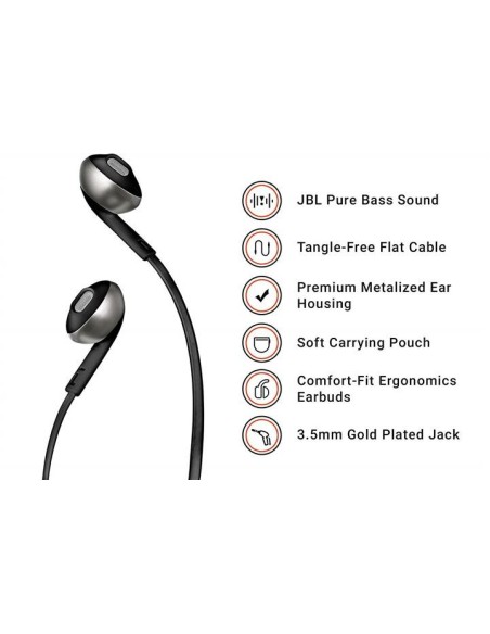Jbl t205 negro auriculares ergonómicos con micrófono integrado control remoto cable antienredos  kiwiku.com