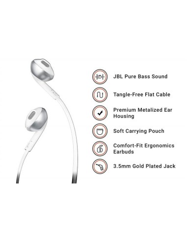 Auriculares jbl t205 chrome - pure bass - drivers 12.5mm JBLT205CRM kiwiku.com