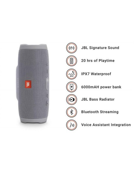 JBL Charge 3 - Altavoz Bluetooth inalámbrico portátil Gris JBLCHARGE3GRAYEU kiwiku.com