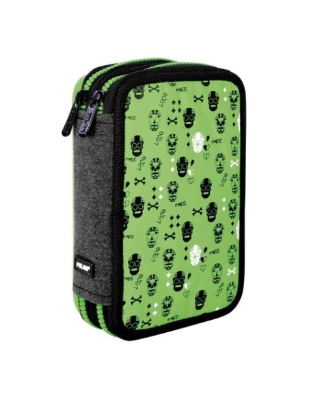 Milan, Plumier de 2 pisos con contenido skulls, Verde 081264SK kiwiku.com