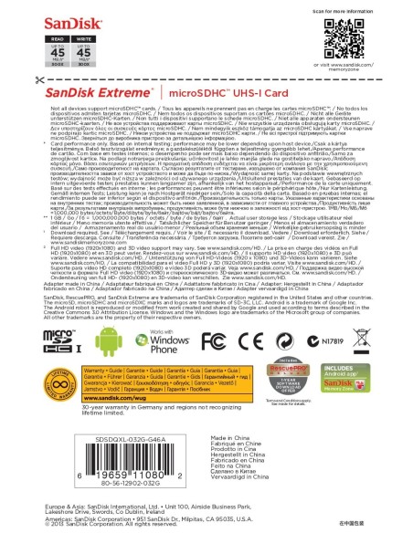 SanDisk SDSDQXL-032G-G46A 32 GB Extreme MicroSDHC 45 MB/s Class 10 UHS-I Card: Kiwiku.com: Informática