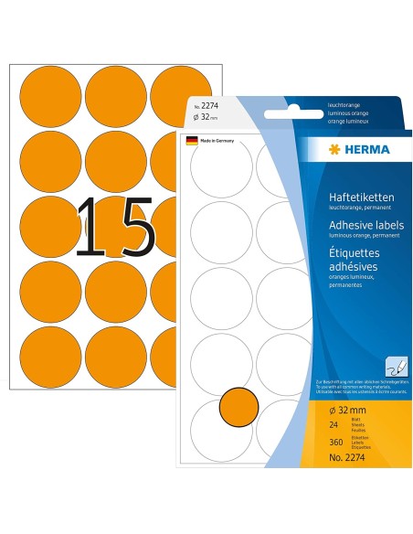 Ofertón Etiquetas redondas naranjas 32mm 24 A4 360 uds 2274 | kiwiku