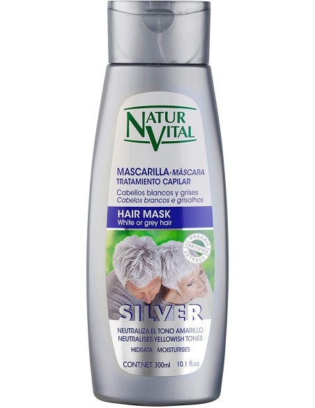Mascarilla Silver NATUR VITAL para Cabello Blanco o Gris 300 ml | Hidratante y Matizadora | Kiwiku